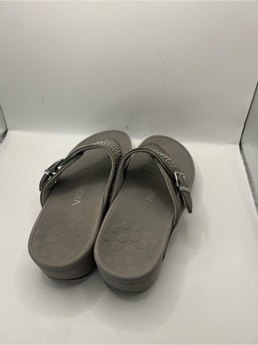 Vionic Metallic Gray Studded Thong Sandals - Picture 12 of 12